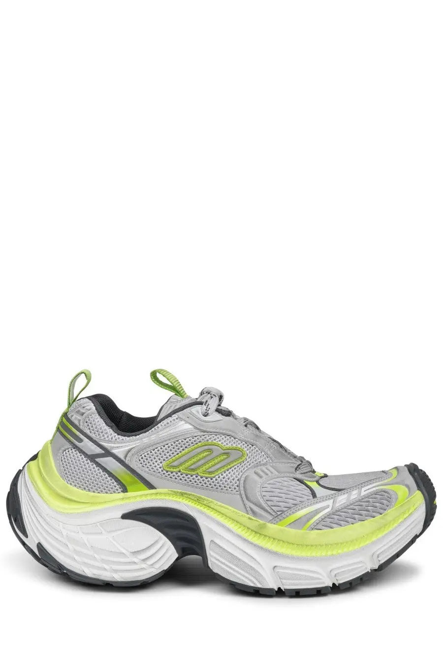 Balenciaga men’s sneaker 6xl gray and neon green athletic shoe with mesh panels chunky white midsole and bold logo