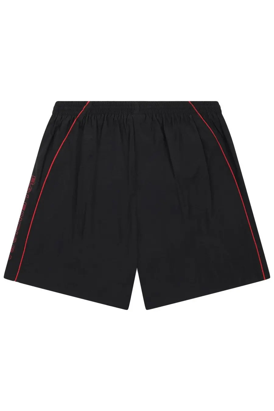 Balenciaga men’s sports shorts black with red piping on sides and subtle logo on left leg in lightweight fabric