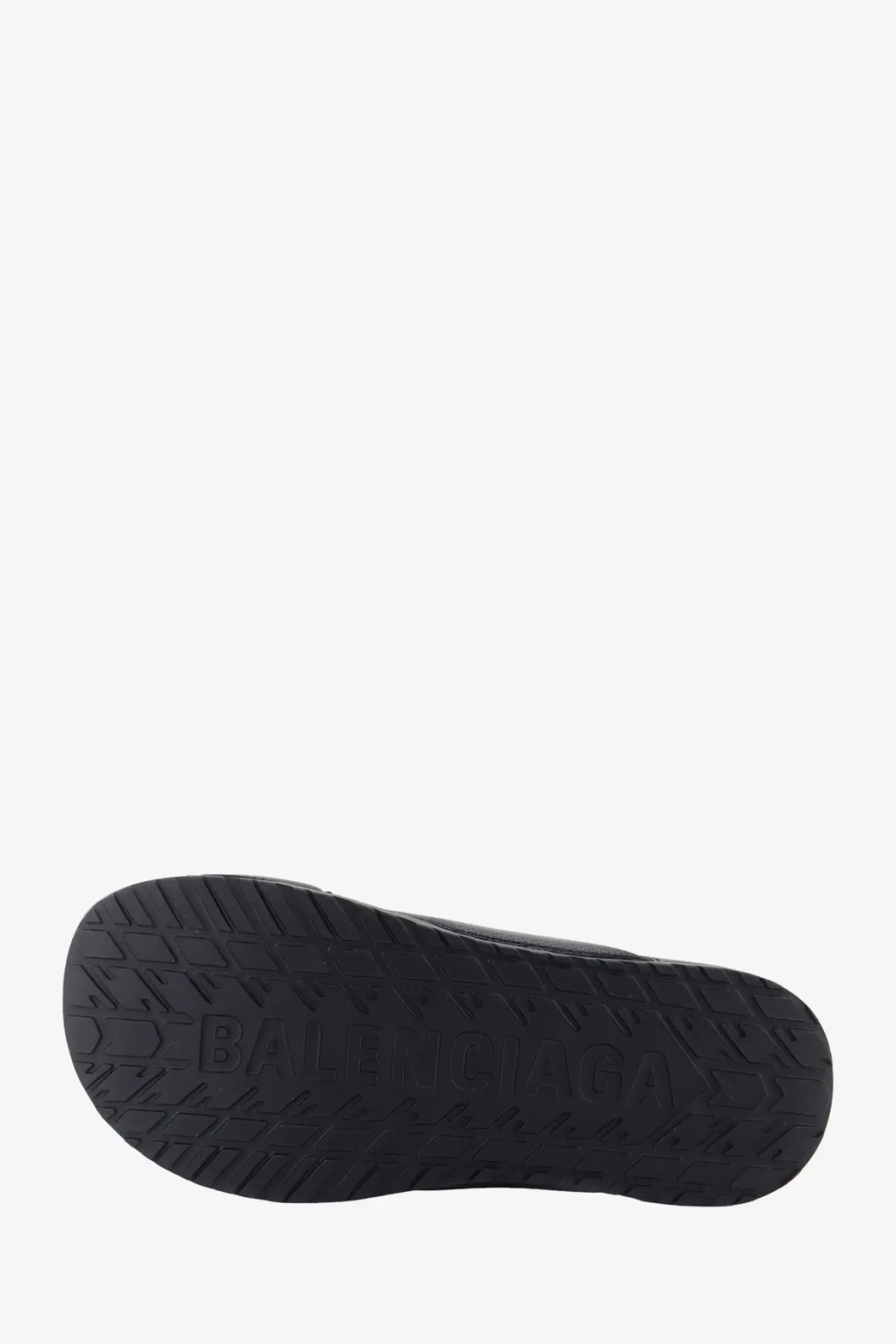 Balenciaga men’s sporty pool eva slide sandals black with black rubber sole embossed logo and geometric tread pattern