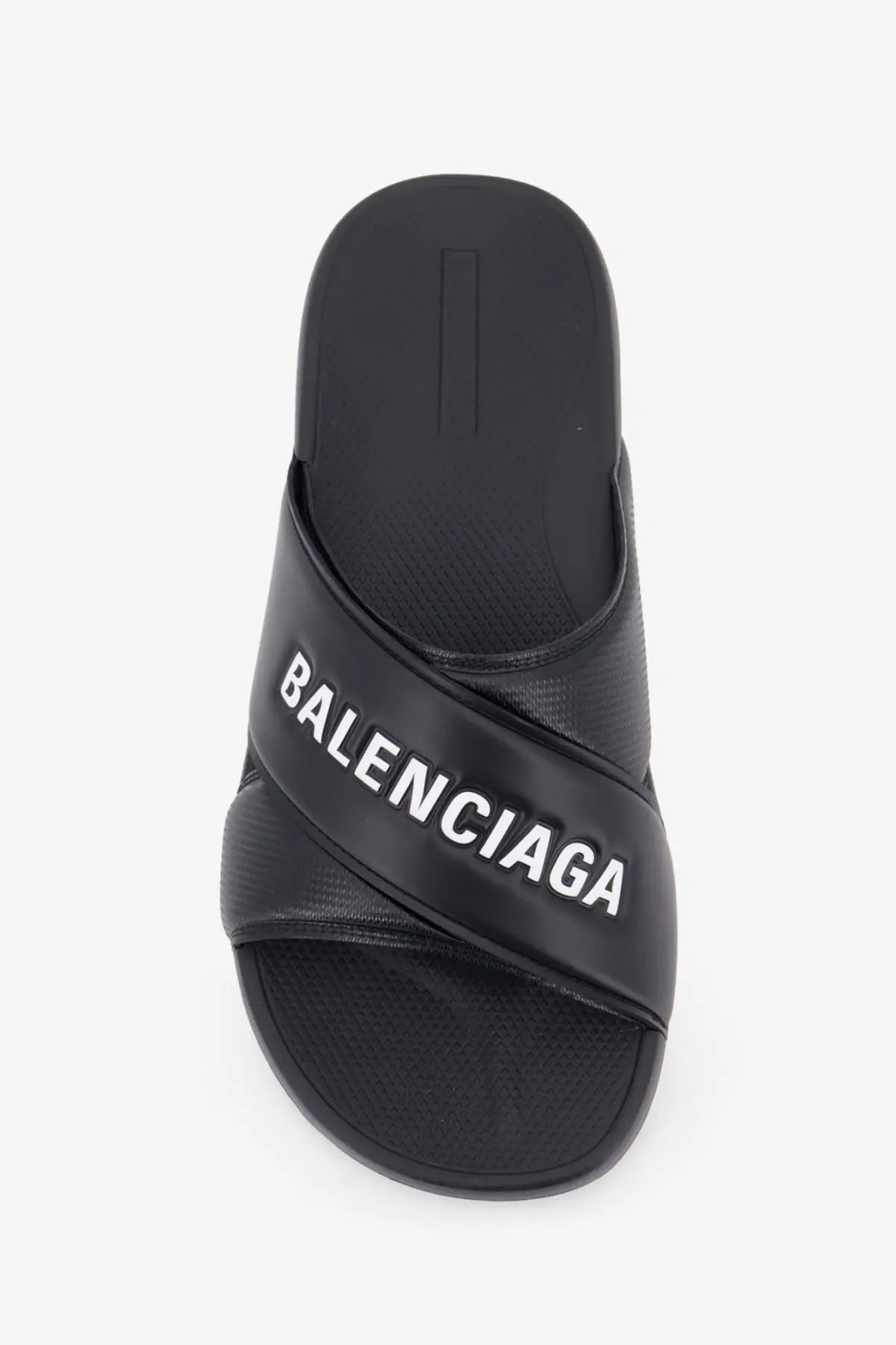Balenciaga men’s sporty pool eva slide sandal in black with bold white logo on the strap