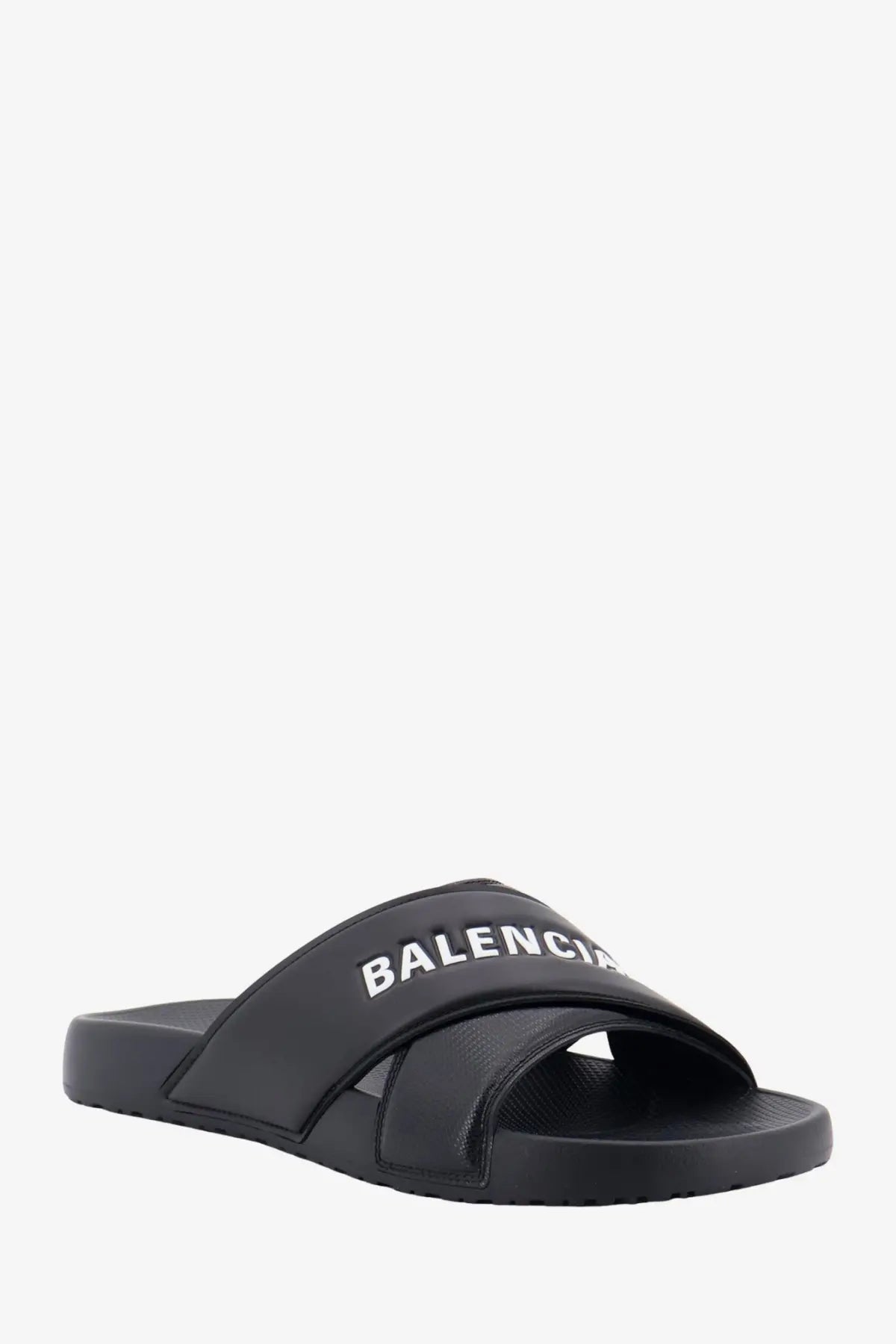 Balenciaga men’s sporty pool eva slide sandal in black with bold white logo across the strap