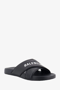 Balenciaga men’s sporty pool eva slide sandal in black with bold white logo across the strap