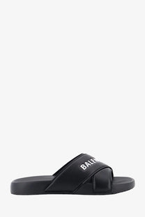 Balenciaga men’s sporty pool eva slide sandals in black with bold white logo on the strap