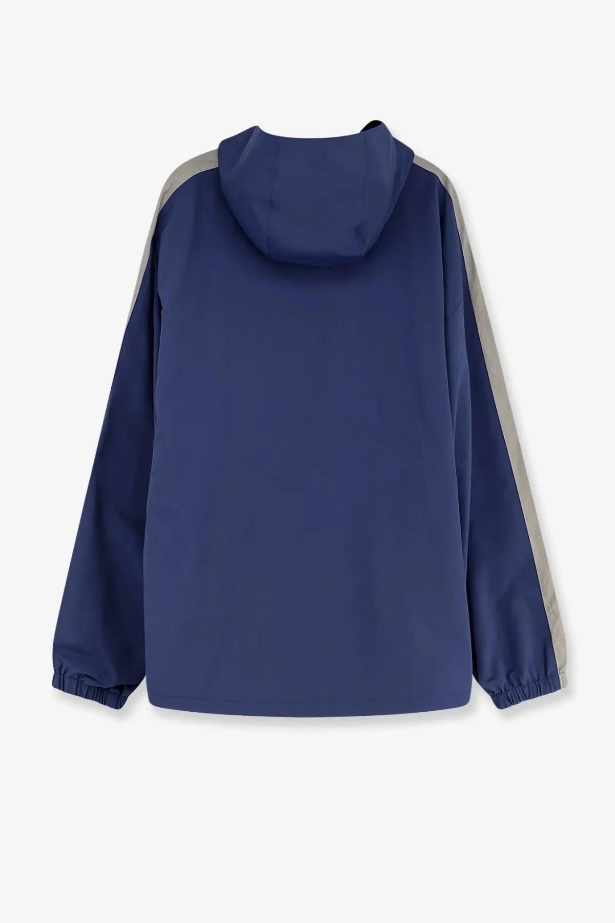 Balenciaga men’s sporty rain jacket blue with navy hood, gray side panels, and elastic cuffs for lightweight protection