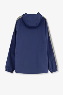 Balenciaga men’s sporty rain jacket blue with navy hood, gray side panels, and elastic cuffs for lightweight protection