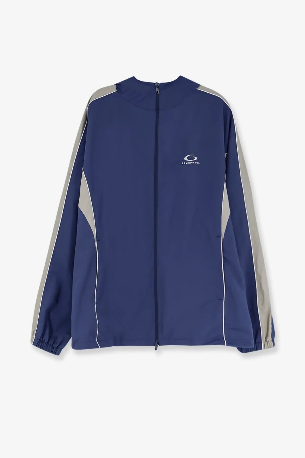 Navy blue Balenciaga men’s sporty rain jacket with gray and white accents designed for outdoor wear