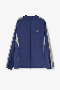 Balenciaga men’s sporty rain jacket navy blue with gray and white accents designed for outdoor activities