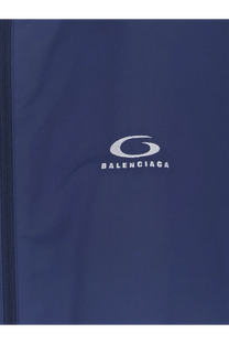 Navy blue balenciaga men’s sporty rain jacket with white embroidered logo and front zipper detail