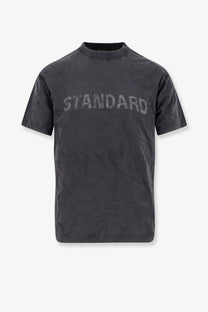Balenciaga men’s black cotton t-shirt with dark gray texture and faded standard logo across the chest