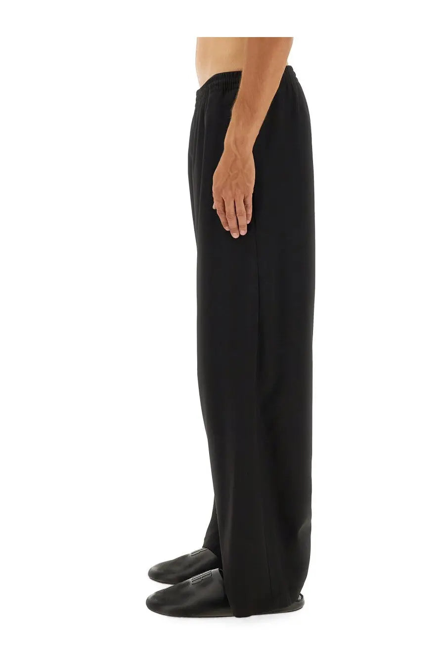 Balenciaga men’s stretch pants black wide-leg trousers with relaxed fit and elastic waistband front view