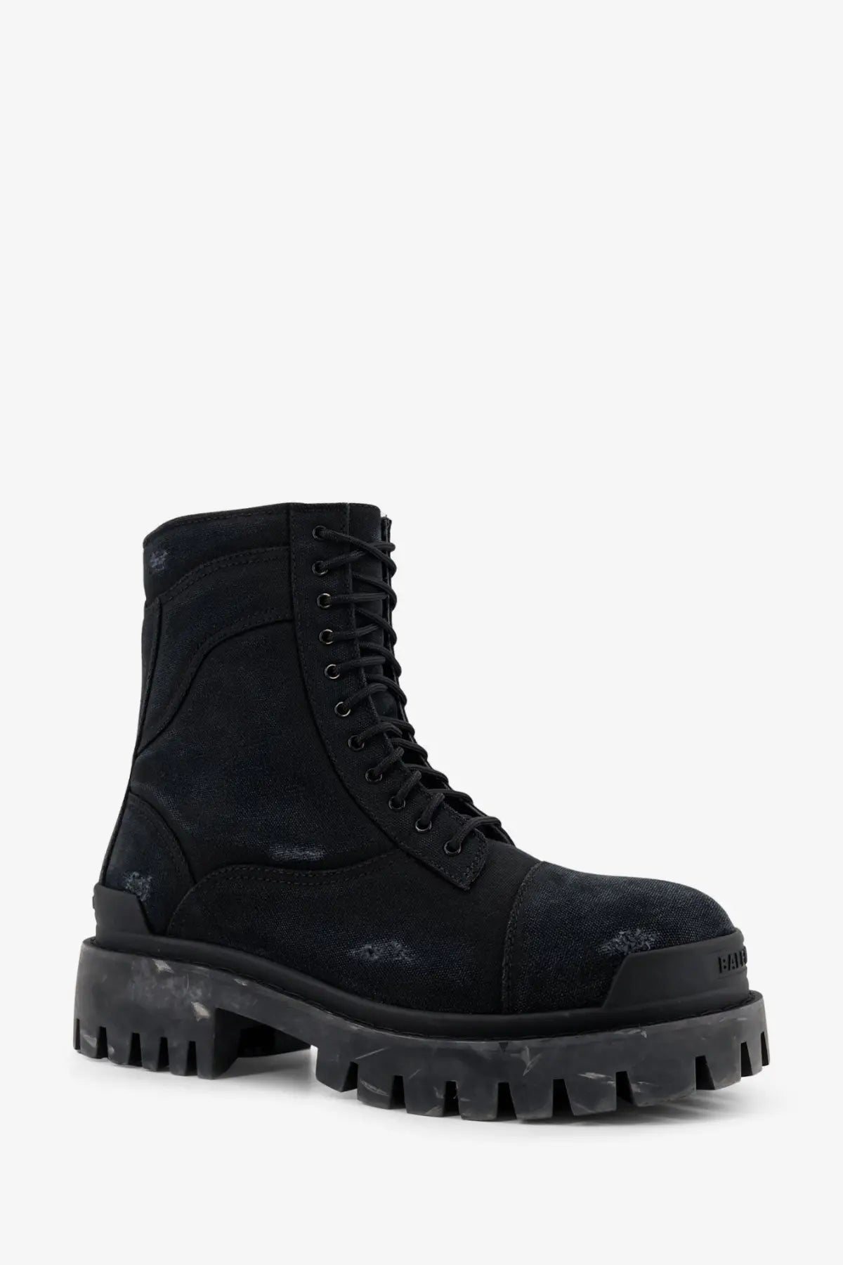 Black balenciaga men’s strike leather military-style boot with distressed canvas upper and chunky rubber sole