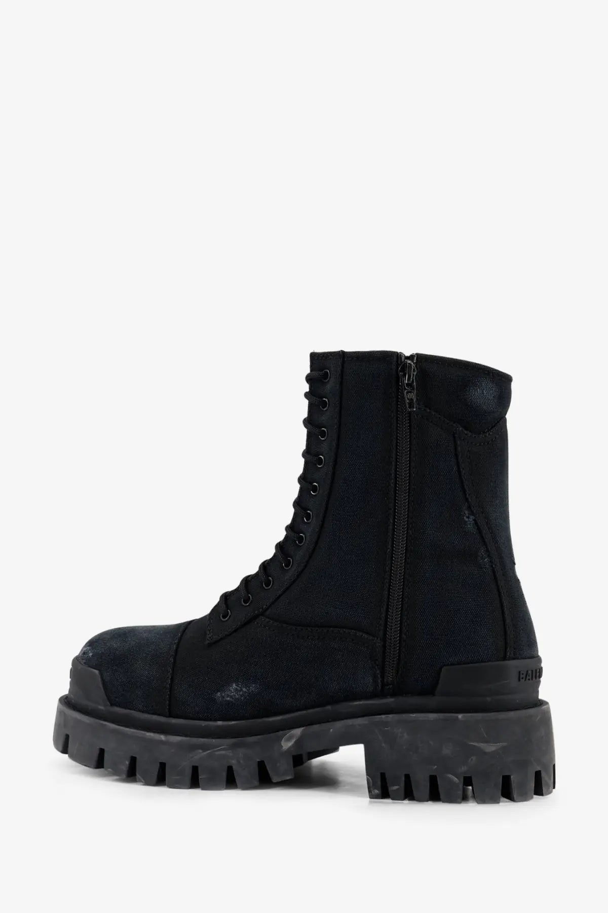 Balenciaga men’s strike leather boots black with a rugged chunky sole and distressed fabric upper military style