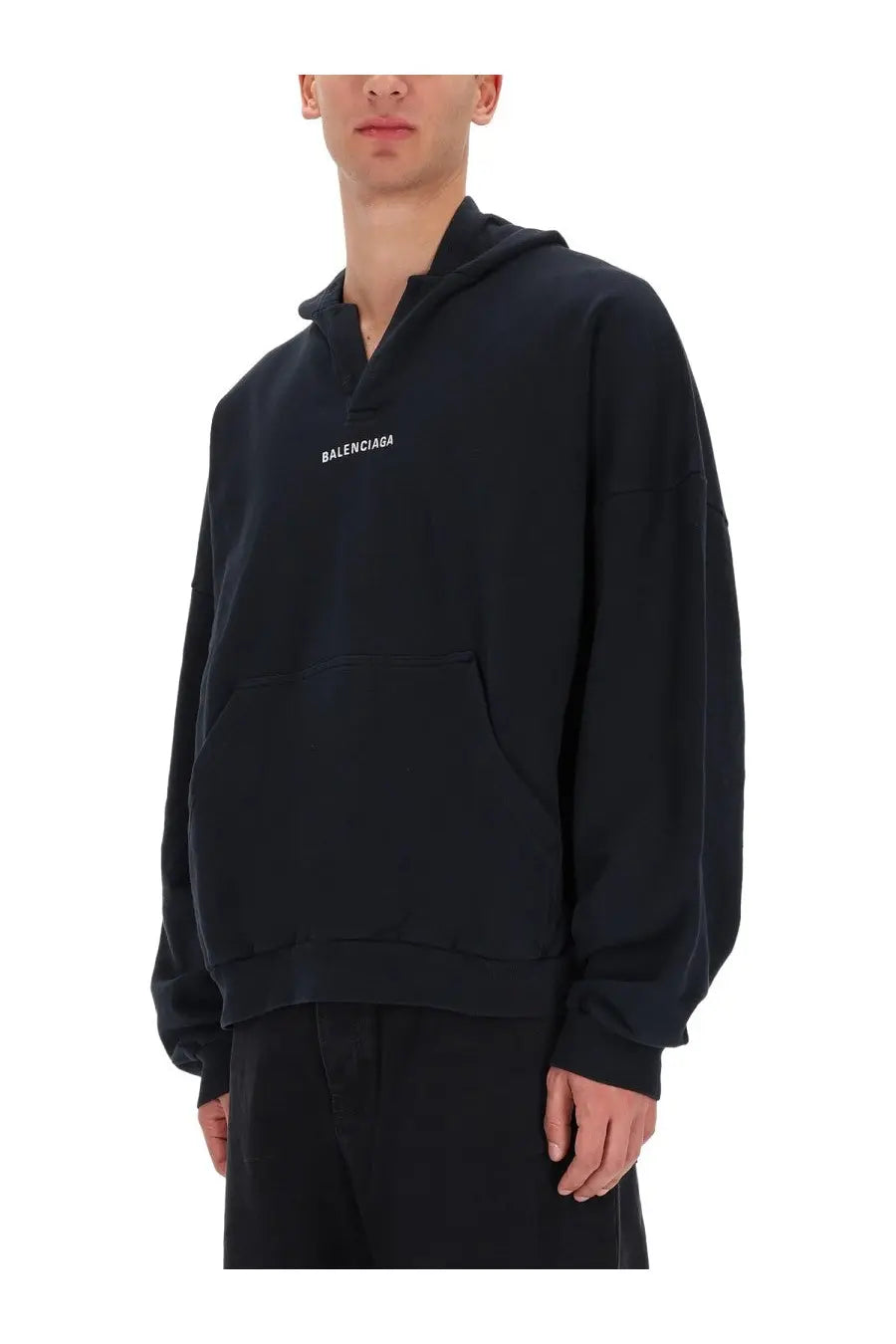Balenciaga men’s black hoodie with minimalist white logo on chest and oversized relaxed fit in cotton blend material