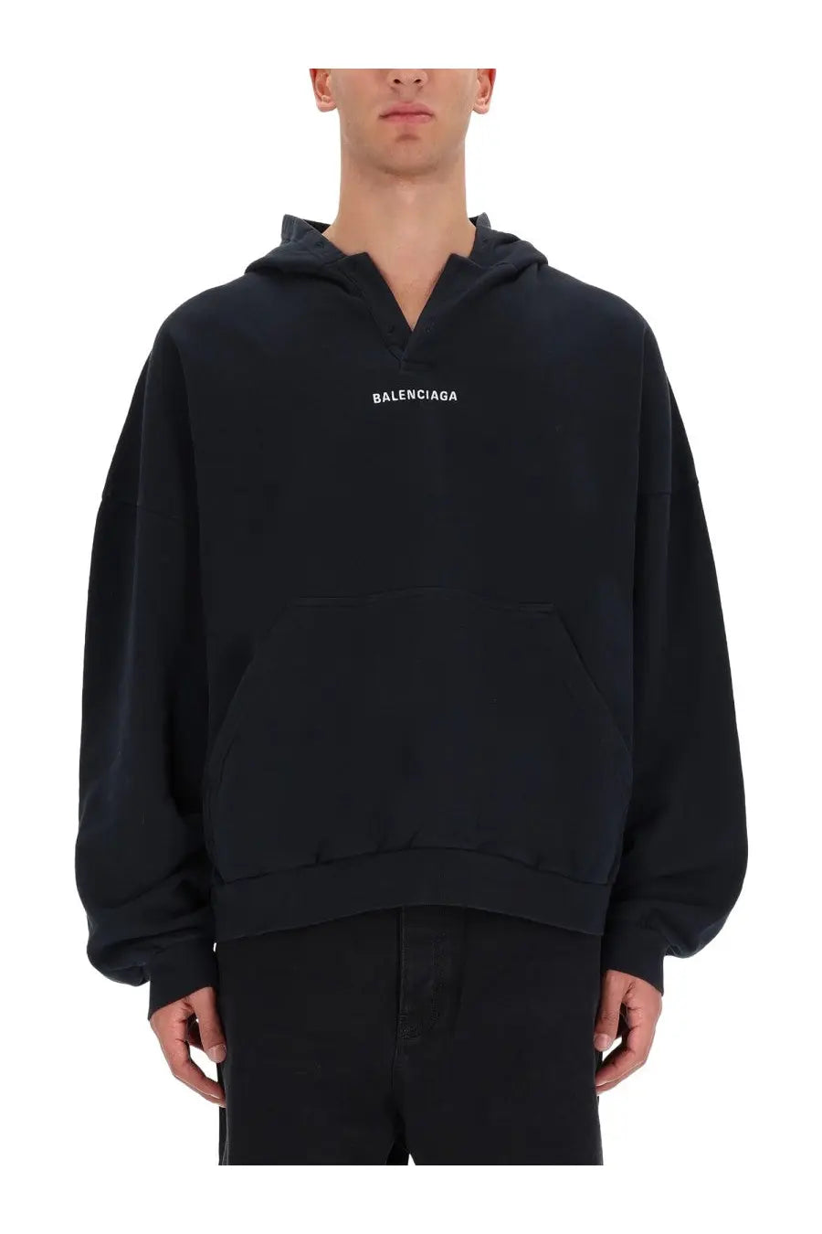 Balenciaga men’s sweatshirt black hoodie with minimalist white logo and relaxed oversized fit made from soft fabric