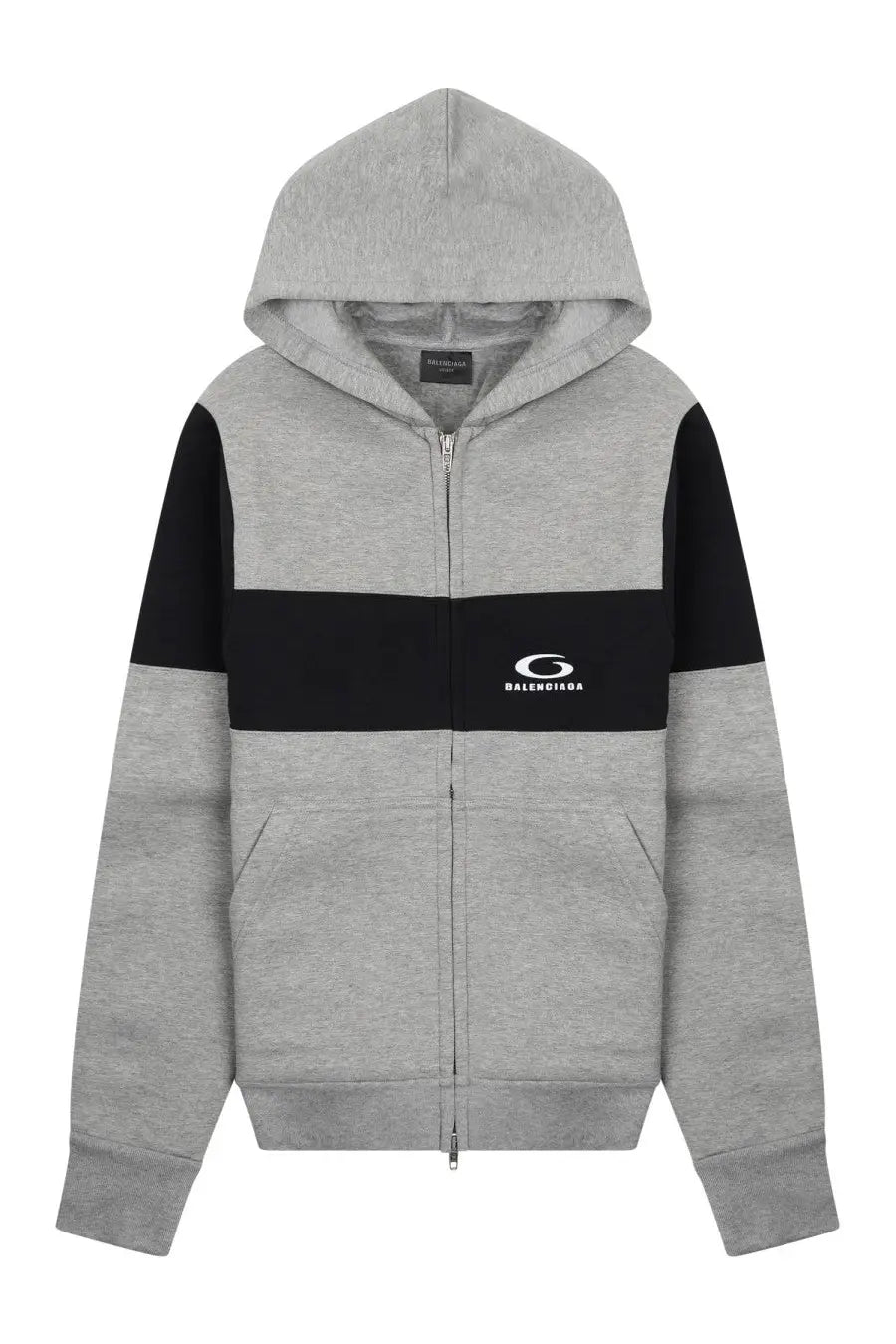 Balenciaga men’s sweatshirt grey zip-up hoodie with gray and black color-block design and contrasting panels