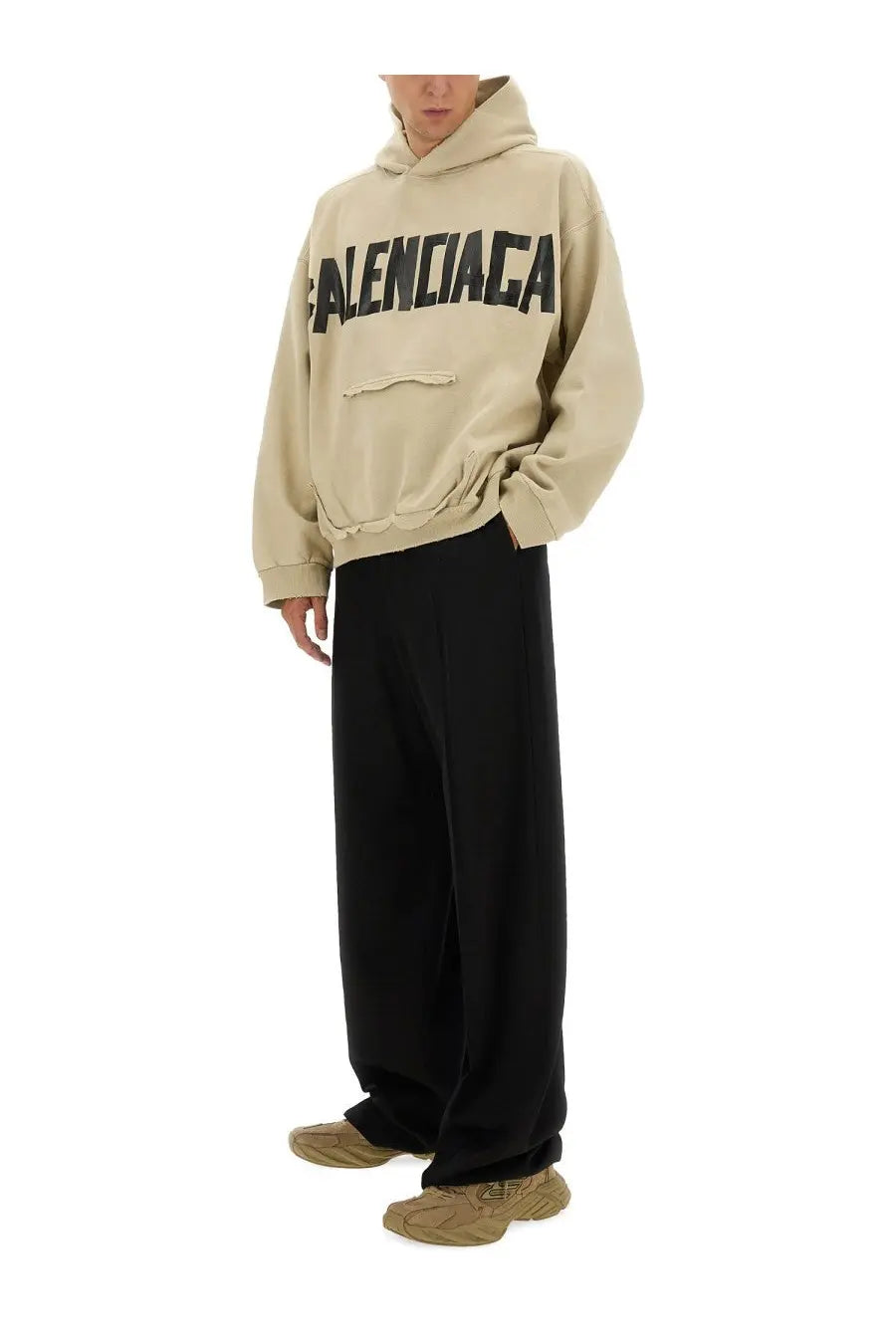 Beige balenciaga men’s tape type sweatshirt with bold black lettering across the chest in cotton fleece material