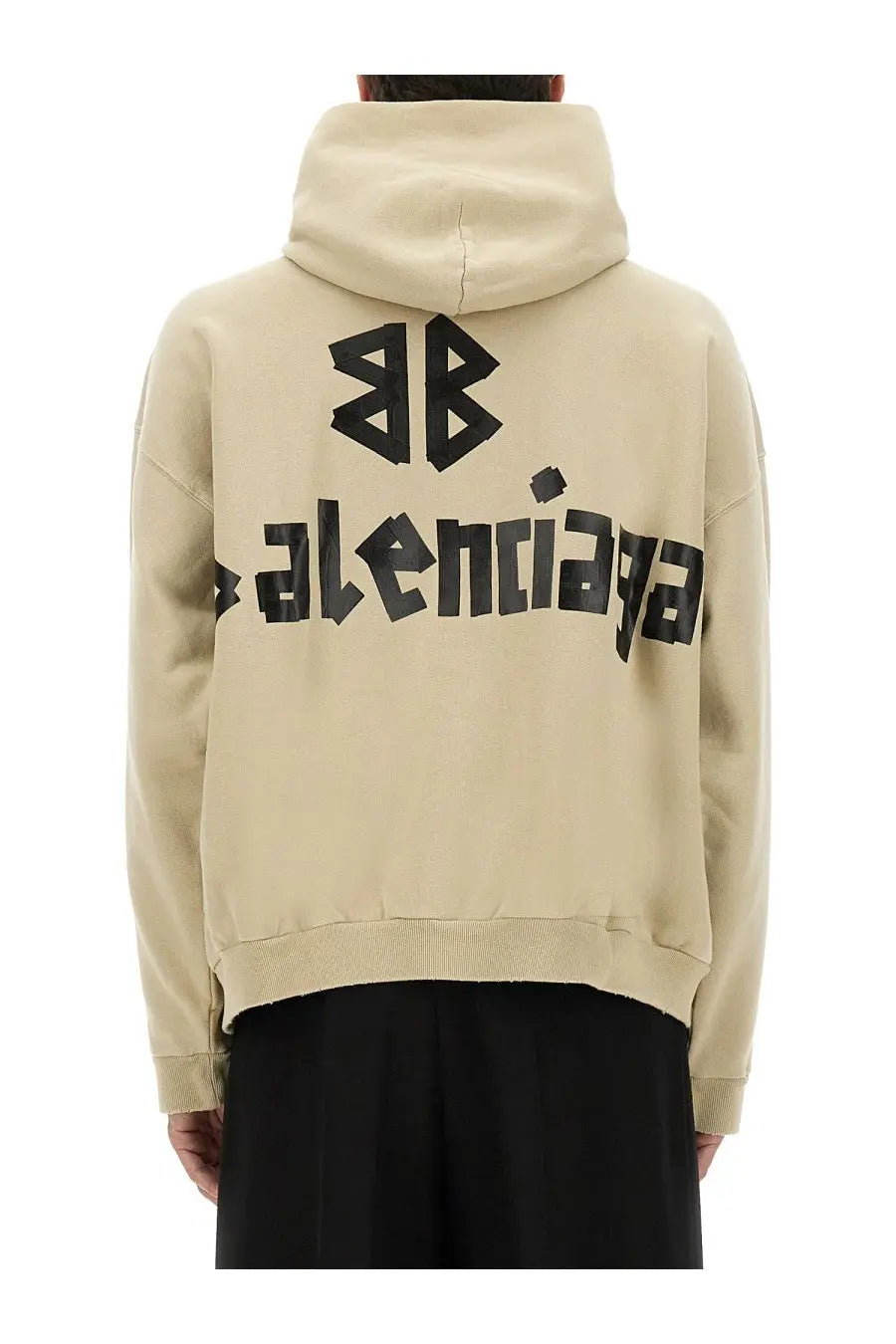 Beige Balenciaga men’s hoodie with bold black logo print featuring tape type design for casual wear