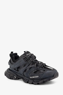 Balenciaga men’s track nylon and mesh sneakers black with chunky textured sole and mesh and leather upper