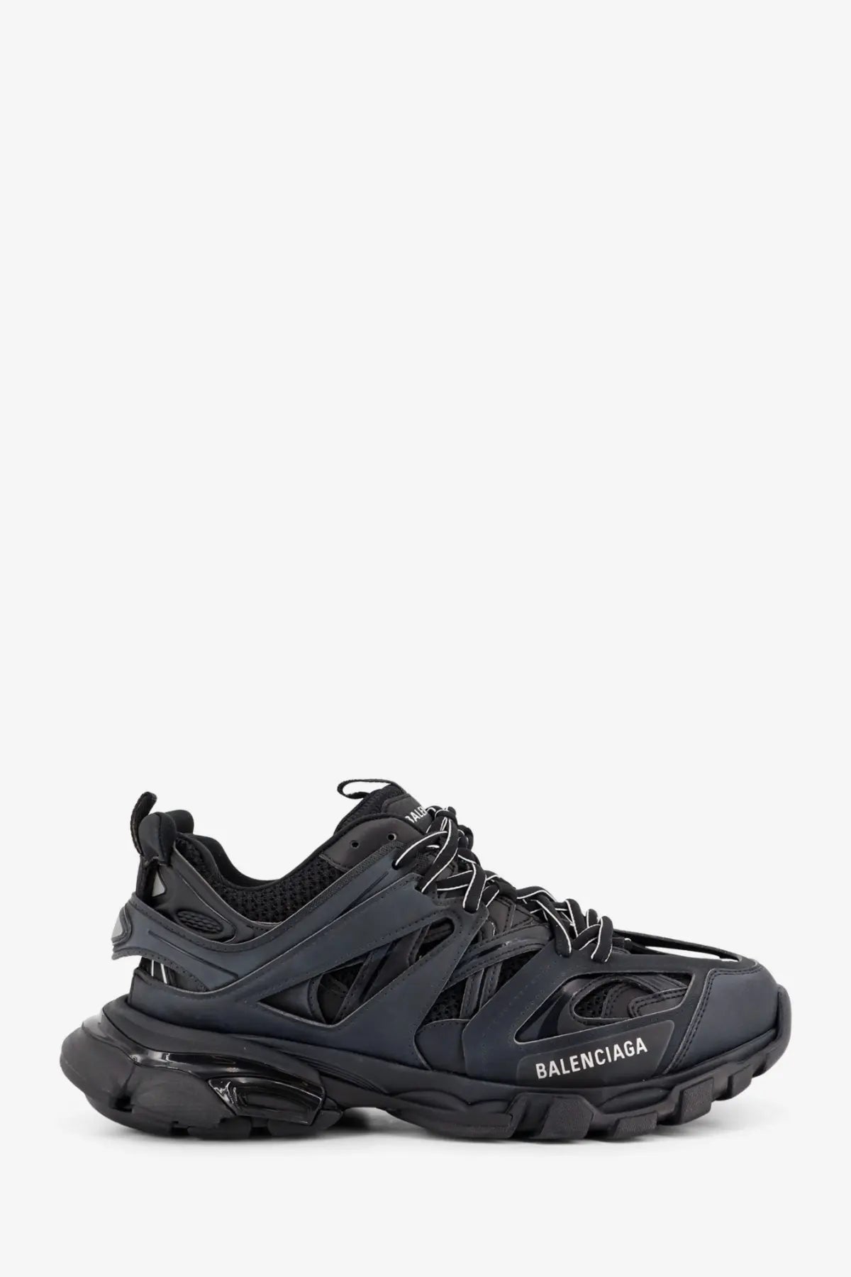 Balenciaga men’s black track nylon and mesh sneakers with chunky layered design and translucent rubber sole