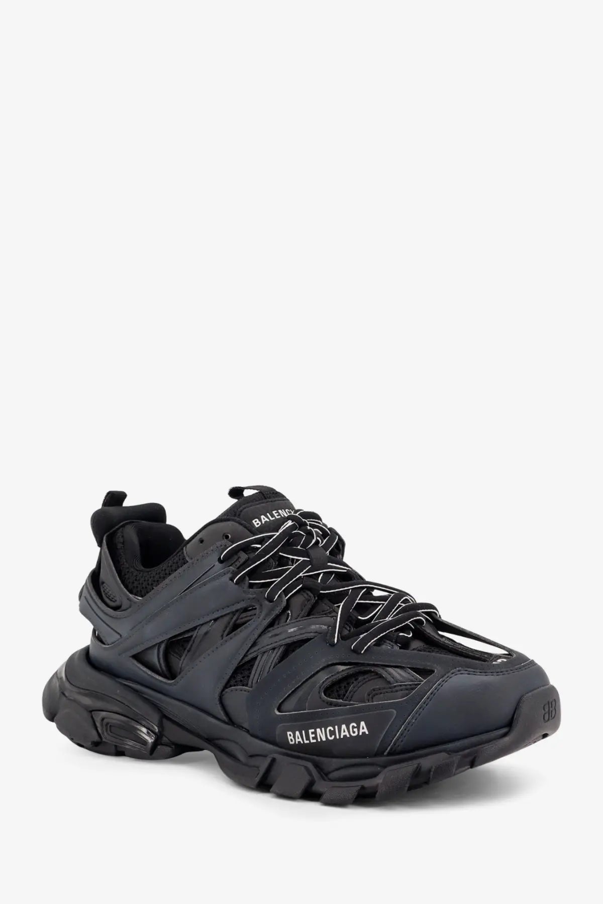 Balenciaga men’s track nylon and mesh sneakers in black with chunky textured sole and leather mesh upper
