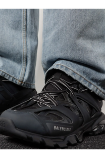 Balenciaga men’s black track nylon and mesh sneakers with white laces and chunky rubber sole
