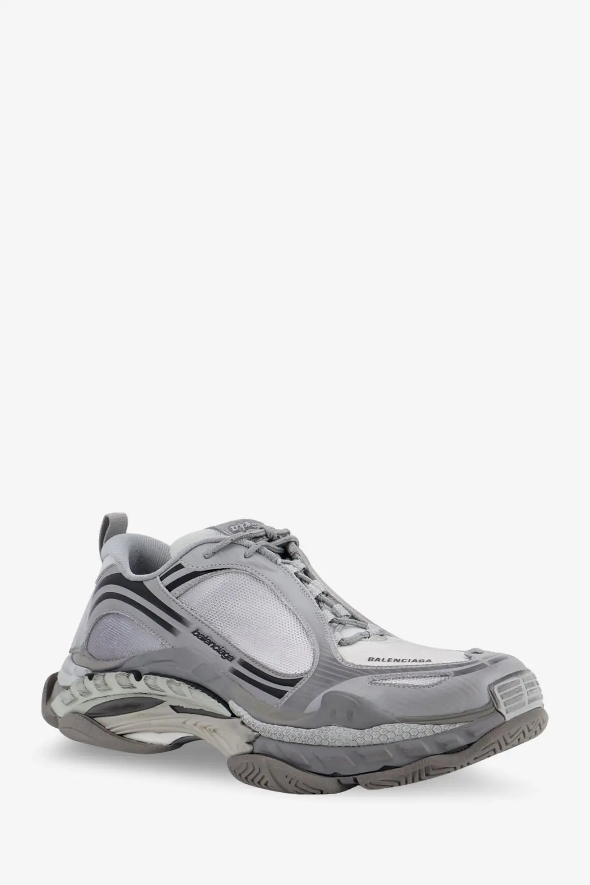 Balenciaga men’s triple s2 gradient mesh and nylon insert sneakers in grey with black branding and chunky rubber sole