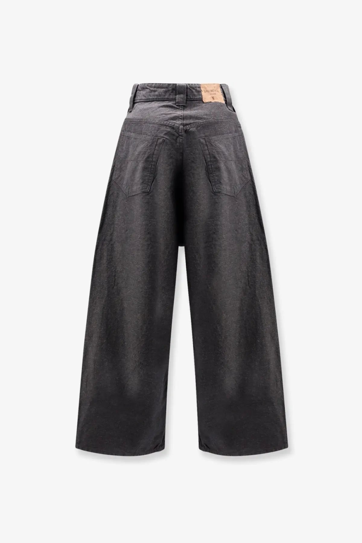 Back view of balenciaga men’s trompe loeil dark gray wide-leg denim trousers with relaxed straight silhouette and classic pockets