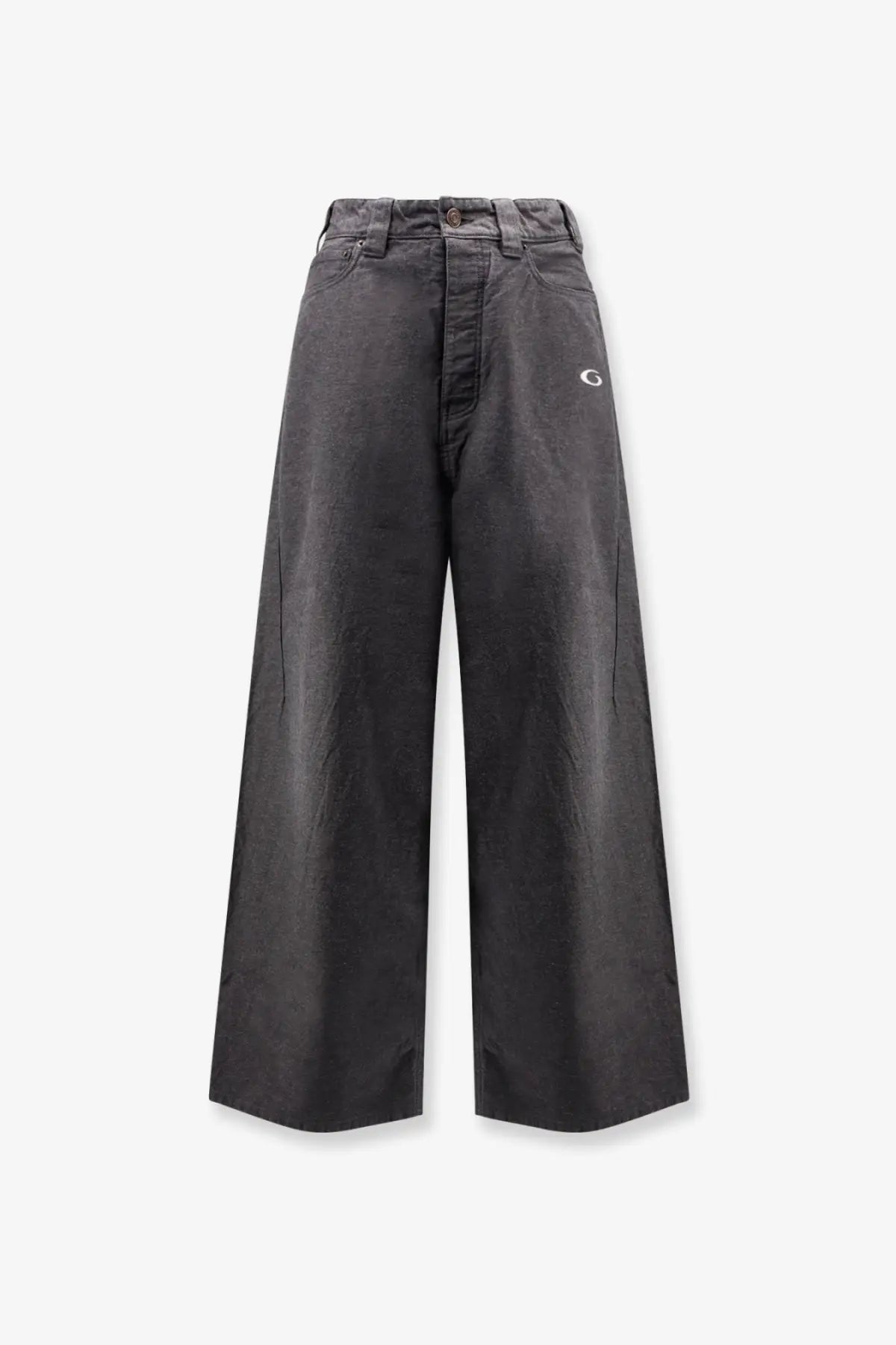 Balenciaga men’s dark gray wide-leg denim trousers with subtle white embroidered logo on the thigh
