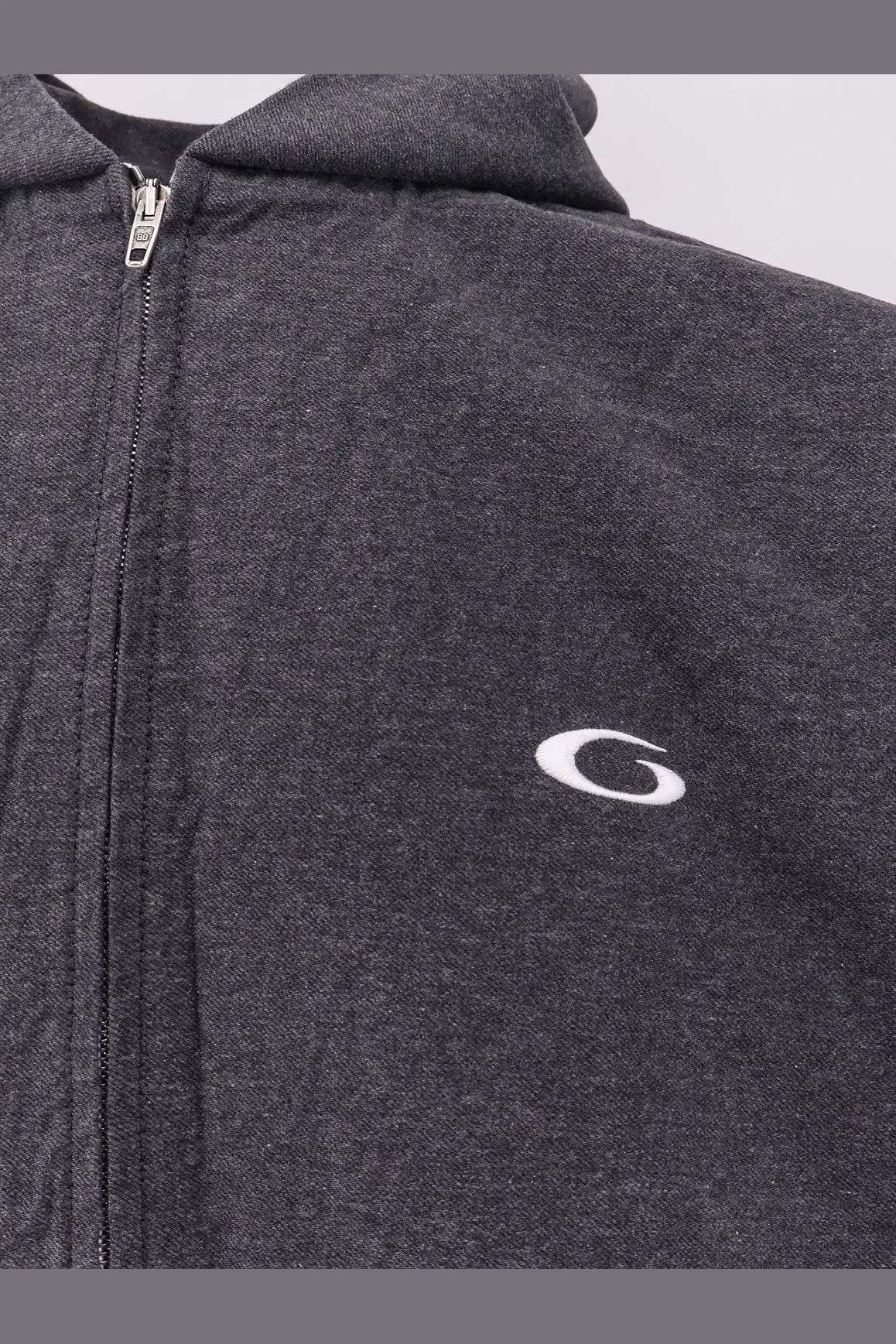 Dark gray heathered balenciaga men’s tromphe loeil cotton zip-up hoodie with white embroidered logo on chest