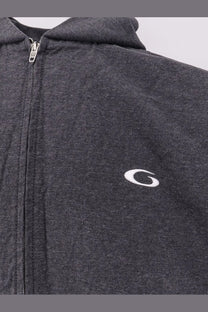 Dark gray heathered balenciaga men’s tromphe loeil cotton zip-up hoodie with white embroidered logo on chest