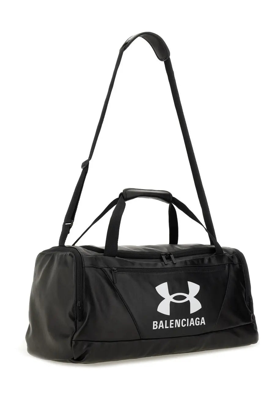 Balenciaga men’s under armour black duffel bag with white logo and dual handles for gym and travel use