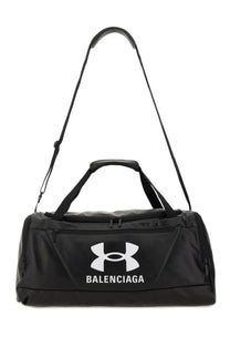 Balenciaga men’s black under armour duffel bag with white logo and dual handles for gym and travel use