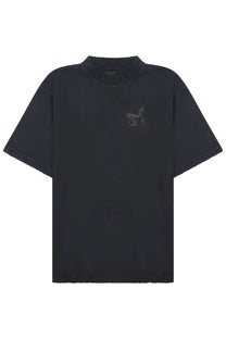 Balenciaga unisex medium fit dark navy blue oversized t-shirt with subtle embroidered cat face on left chest