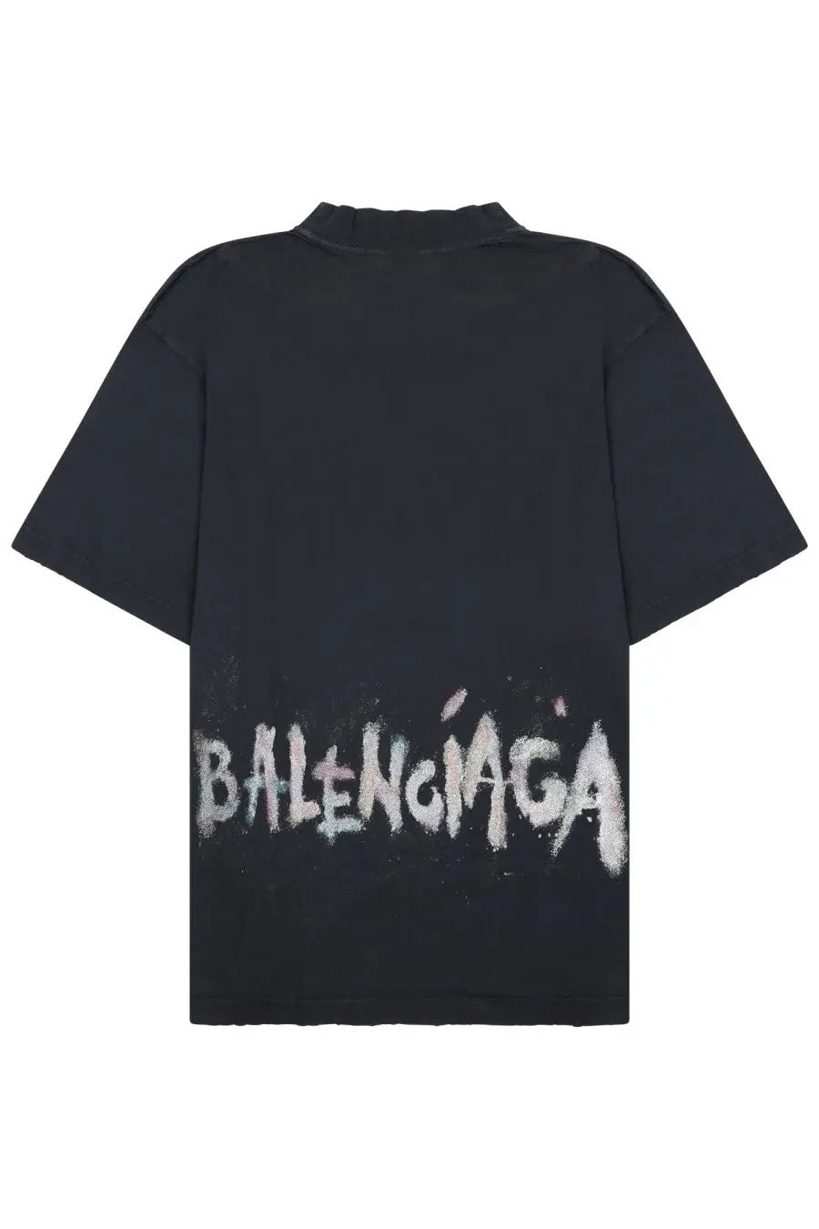 Balenciaga unisex medium fit black t-shirt showing back with white spray painted logo across lower back