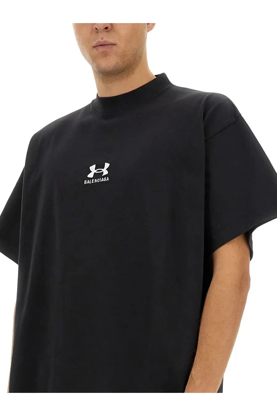 Balenciaga unisex oversize black t-shirt with white under armour and balenciaga logos on the chest