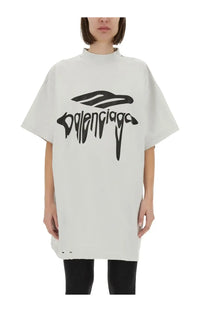 White balenciaga unisex oversize shirt with black graffiti style logo print on front in soft cotton material