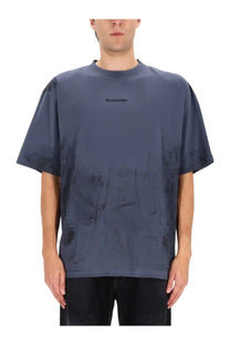 Balenciaga unisex shirt blue with dark blue tie-dye pattern and subtle logo on the chest