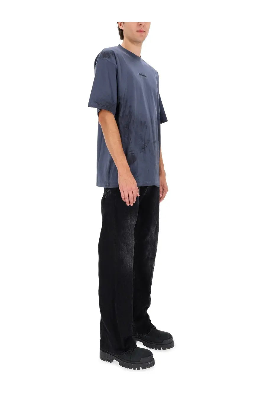 Balenciaga unisex navy blue oversized t-shirt with subtle faded texture and small embroidered chest logo