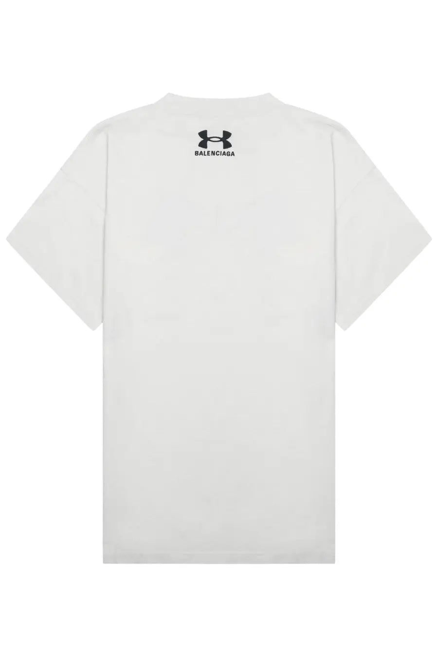 White short-sleeved Balenciaga unisex t-shirt with black under armour logo and Balenciaga text at the neckline