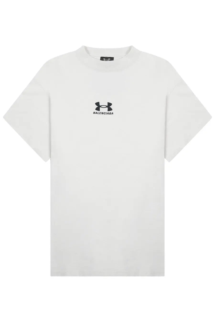 White balenciaga unisex t-shirt featuring a black balenciaga x under armour logo on the chest