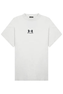 White balenciaga unisex t-shirt featuring a black balenciaga x under armour logo on the chest