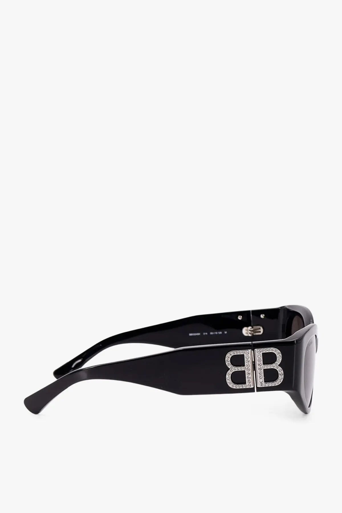 Balenciaga women’s black acetate sunglasses with bold rectangular frame and sparkling bb logo on the temple