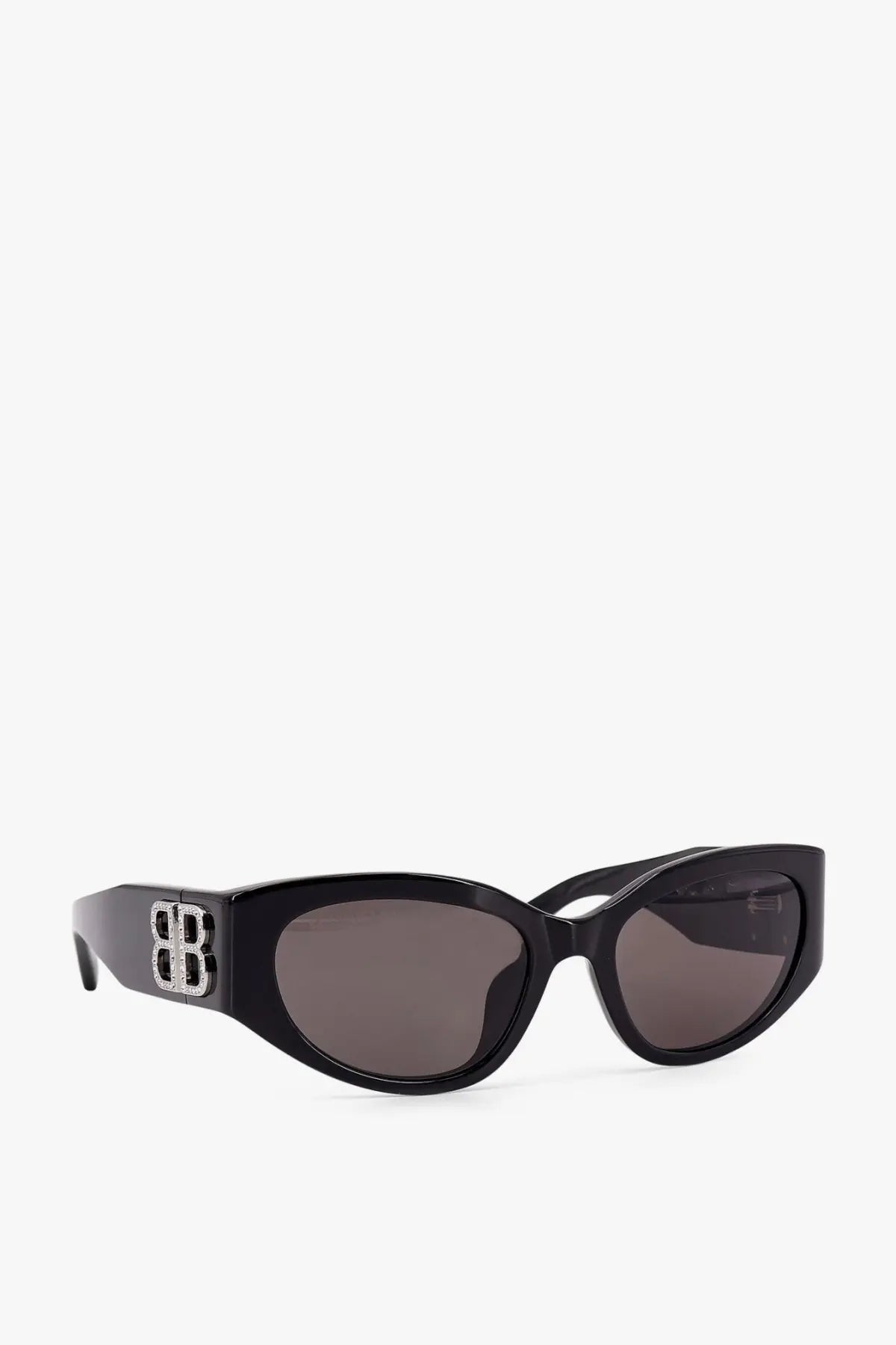 Balenciaga women’s black acetate cat-eye sunglasses with dark gray lenses and silver bb logo on the temple
