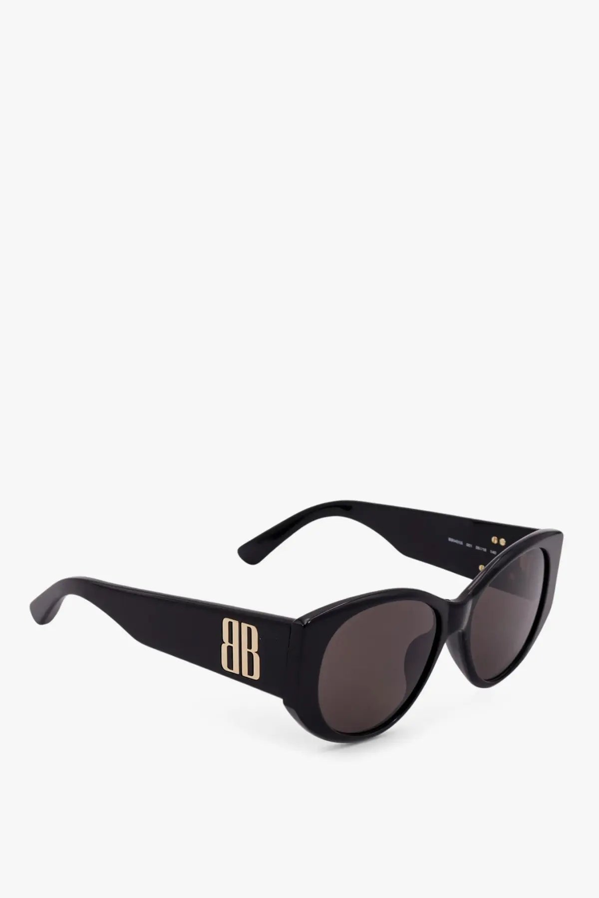 Balenciaga women’s black acetate cat-eye sunglasses with gold-tone bb logo on temples and dark gray lenses