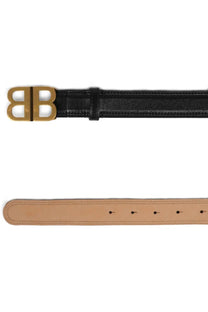 Balenciaga women’s black leather belt with gold-tone bb logo buckle for stylish waist accessorizing