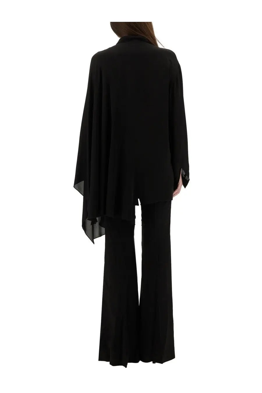 Balenciaga women’s black blouse with flowing cape style high low hemline and sheer lace cuffs