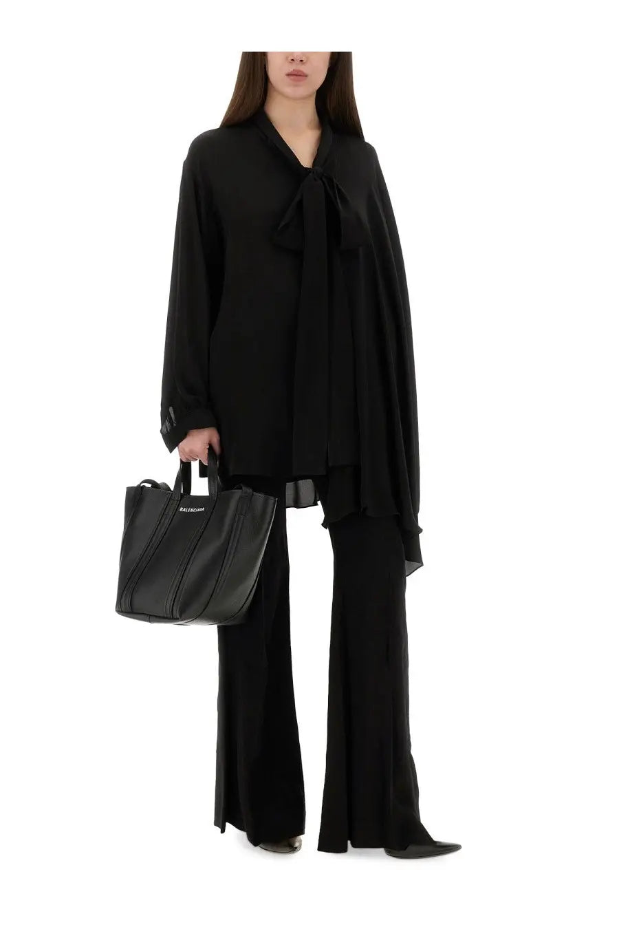 Balenciaga women’s black leather shopping bag with vertical stitched panels and top handles
