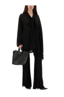 Balenciaga women’s black leather shopping bag with vertical stitched panels and top handles