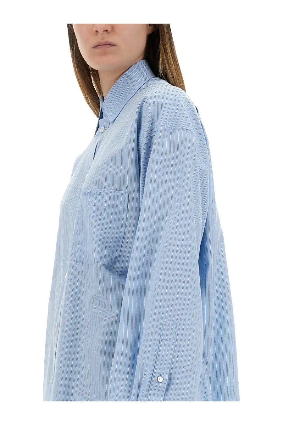 Balenciaga women’s blouse blue light blue striped button-up shirt with subtle vertical pinstripes and chest pocket