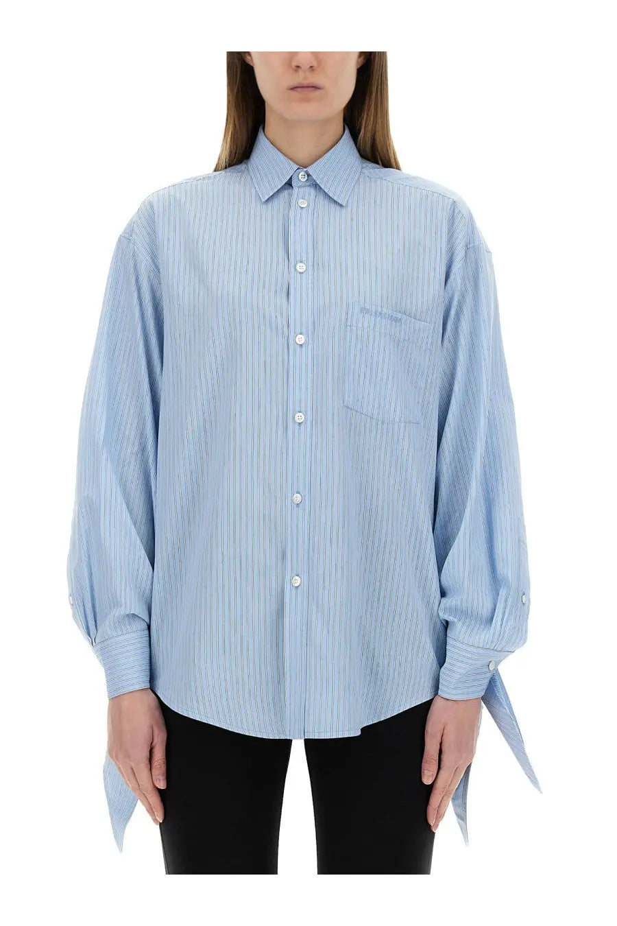 Balenciaga women’s blouse blue with light blue and white vertical stripes and classic collar long sleeves and chest pocket